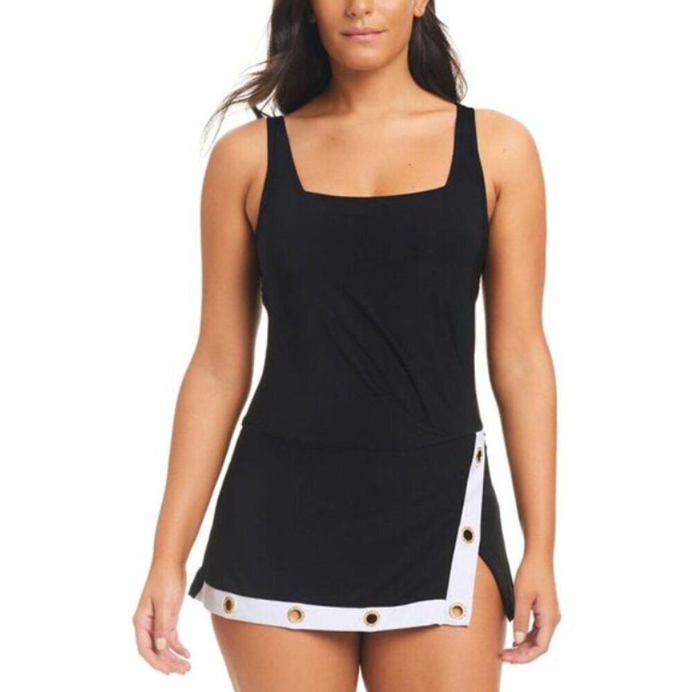 Beyond Control Swimwear - Black & White Colorblock Square Neck Swimdress - Sz 12